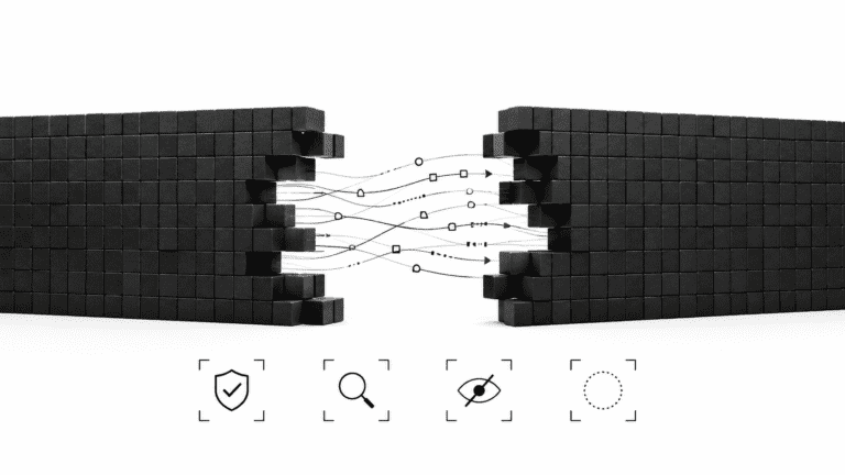 Digital code block wall with a visible gap allowing abstract data streams to pass through, representing AI image detection limits and undetected content