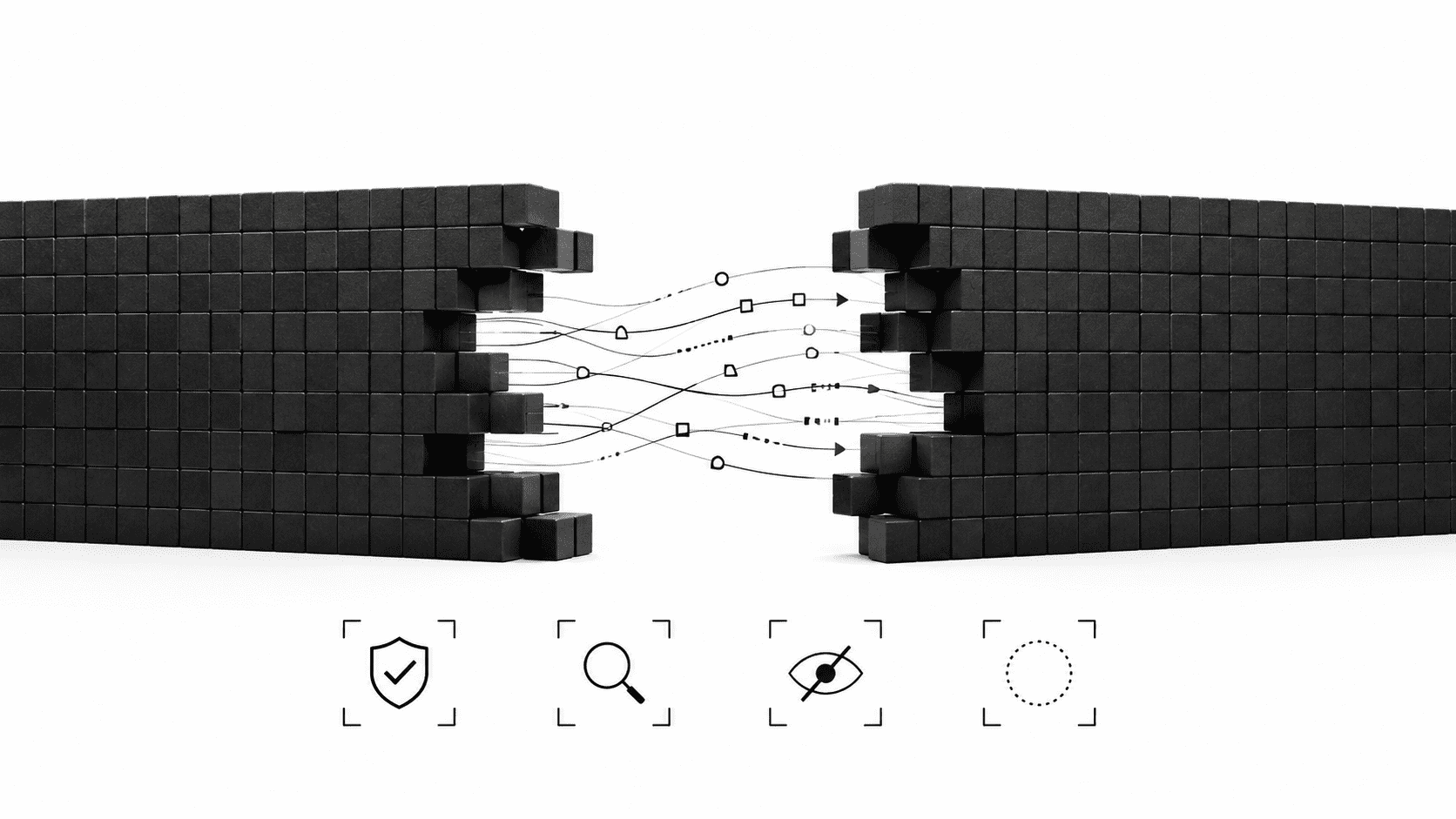 Digital code block wall with a visible gap allowing abstract data streams to pass through, representing AI image detection limits and undetected content
