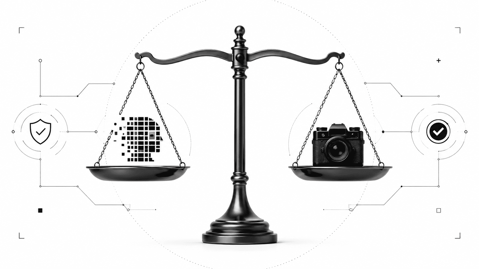 Traditional balance scale evenly weighing a pixelated digital icon against a classic camera icon to represent AI image detection and photo authenticity