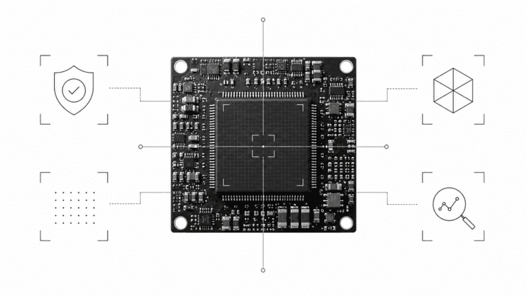 Computer chip circuit board analyzing a geometric digital grid pattern to represent AI image detection technology