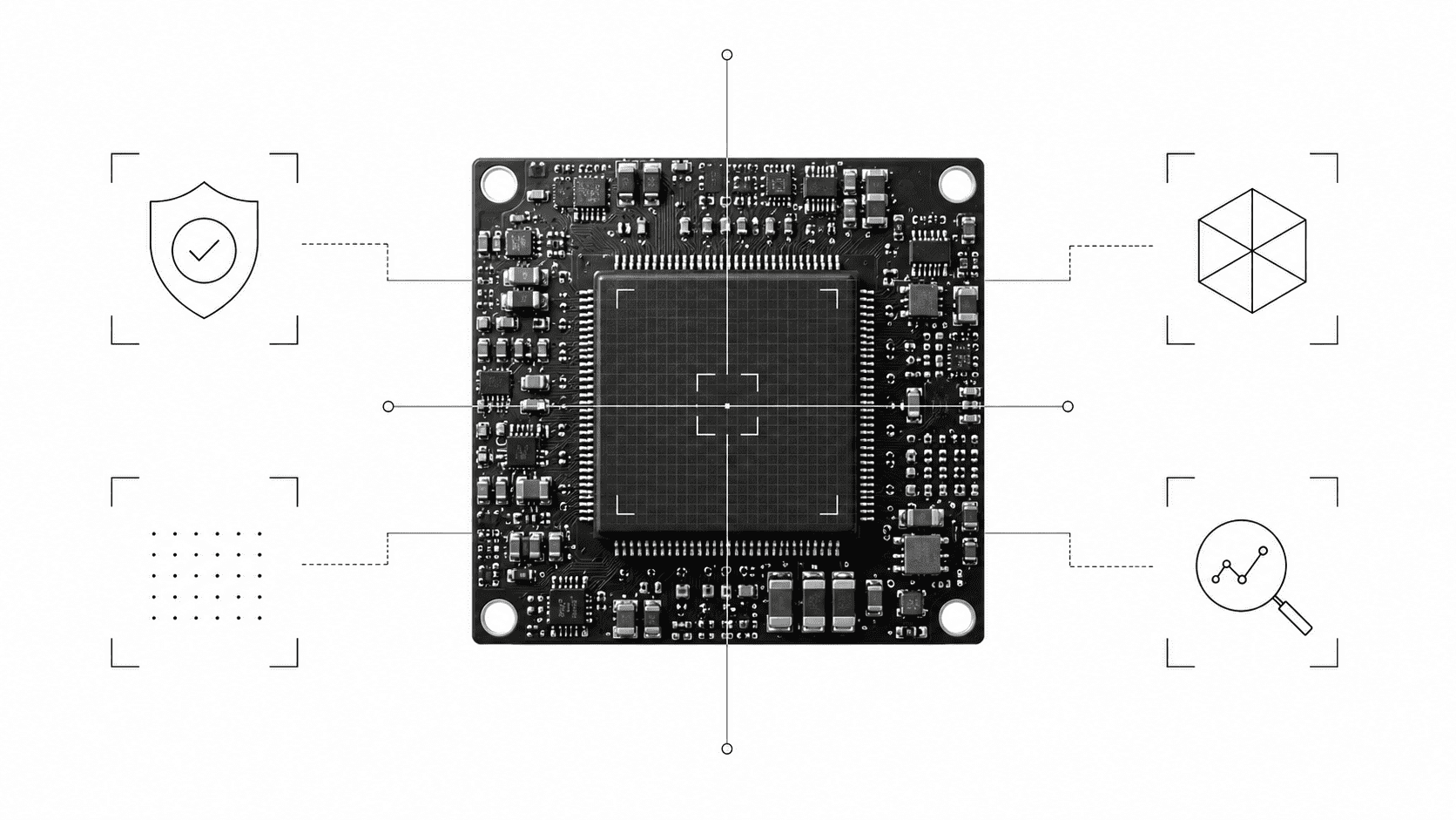 Computer chip circuit board analyzing a geometric digital grid pattern to represent AI image detection technology
