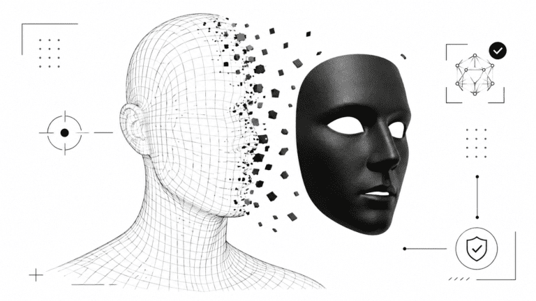 Digital mask splitting apart from a human wireframe silhouette to represent AI-generated face detection and deepfake image verification