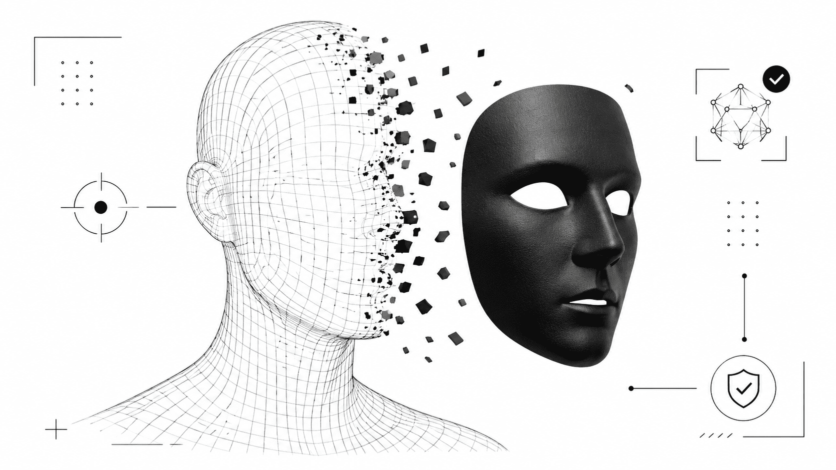 Digital mask splitting apart from a human wireframe silhouette to represent AI-generated face detection and deepfake image verification