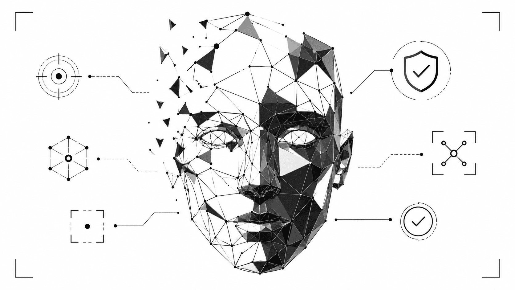 Abstract low-poly human face mesh with structural gaps and broken lines representing AI-generated face detection