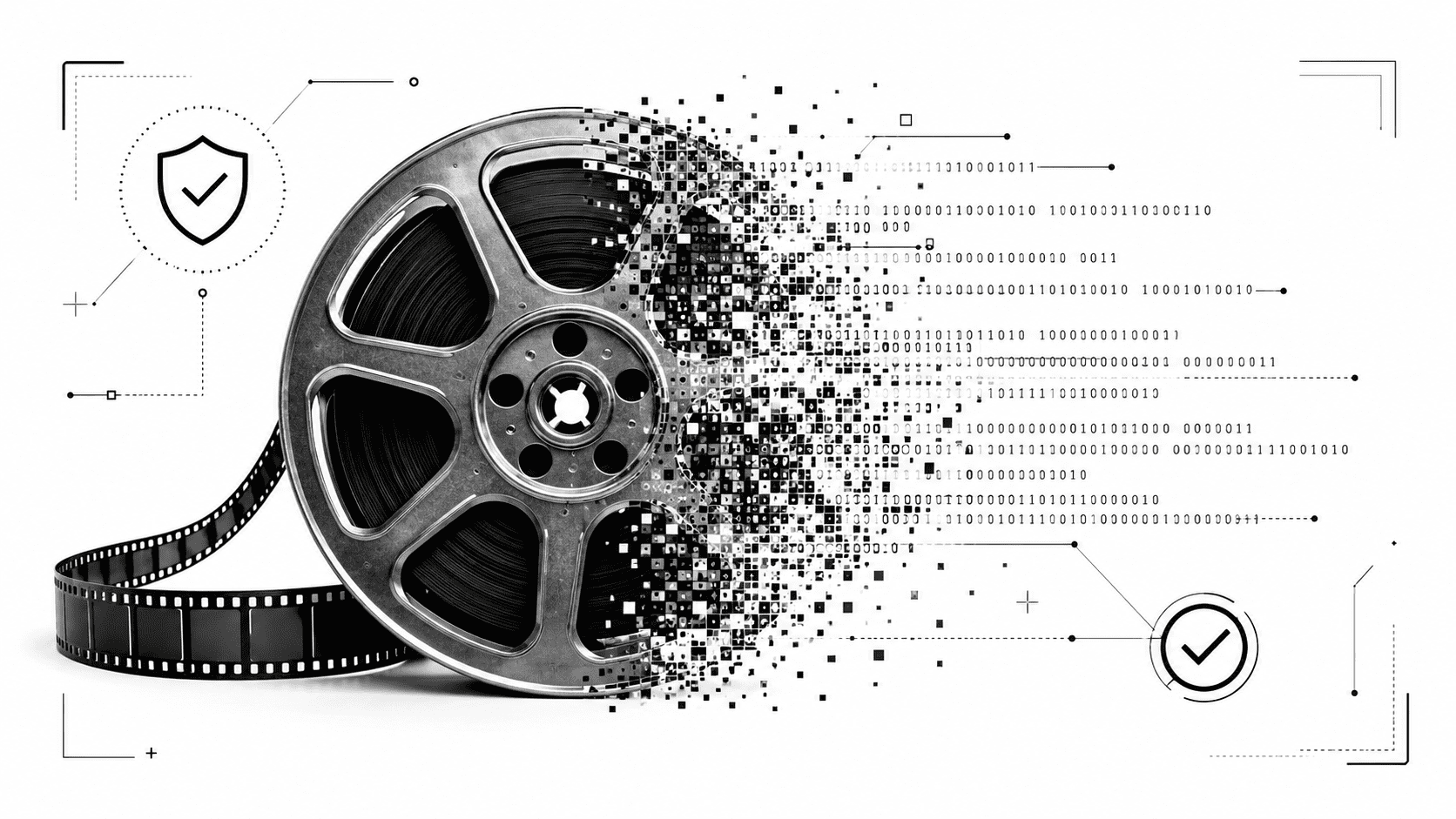 Film reel breaking into binary data strings to represent AI-generated video detection and digital media verification