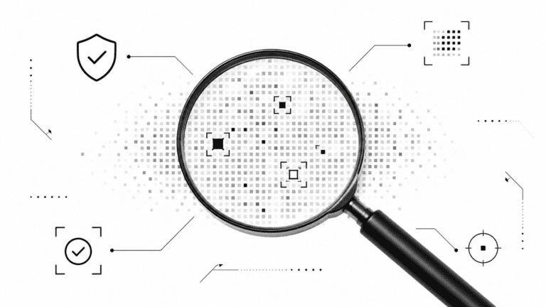 Magnifying glass scanning a pixelated grid to detect flaws and AI-generated image artifacts