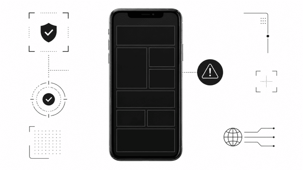 Smartphone displaying an abstract image grid with a warning icon to represent mobile image verification and suspicious visual content detection