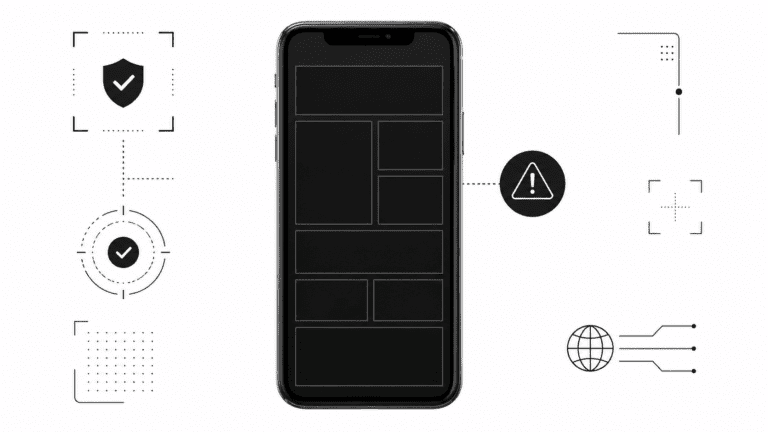 Smartphone displaying an abstract image grid with a warning icon to represent mobile image verification and suspicious visual content detection