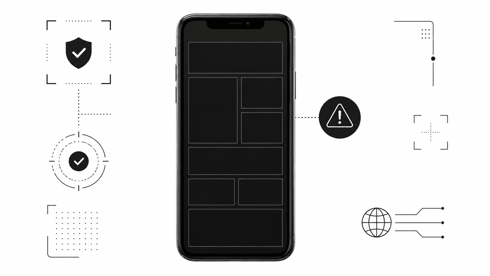 Smartphone displaying an abstract image grid with a warning icon to represent mobile image verification and suspicious visual content detection