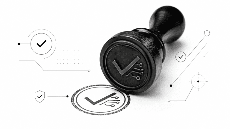 Traditional wax seal stamp with a digital checkmark engraving pressing onto a clean surface to represent image verification and authenticity