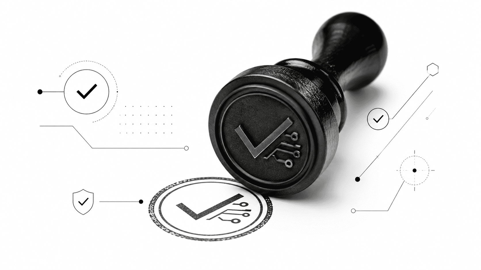 Traditional wax seal stamp with a digital checkmark engraving pressing onto a clean surface to represent image verification and authenticity